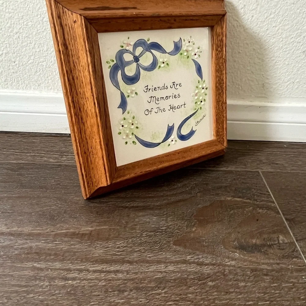 Wooden Framed Ceramic Wall Art with Blue Accents 9/9 Inch
